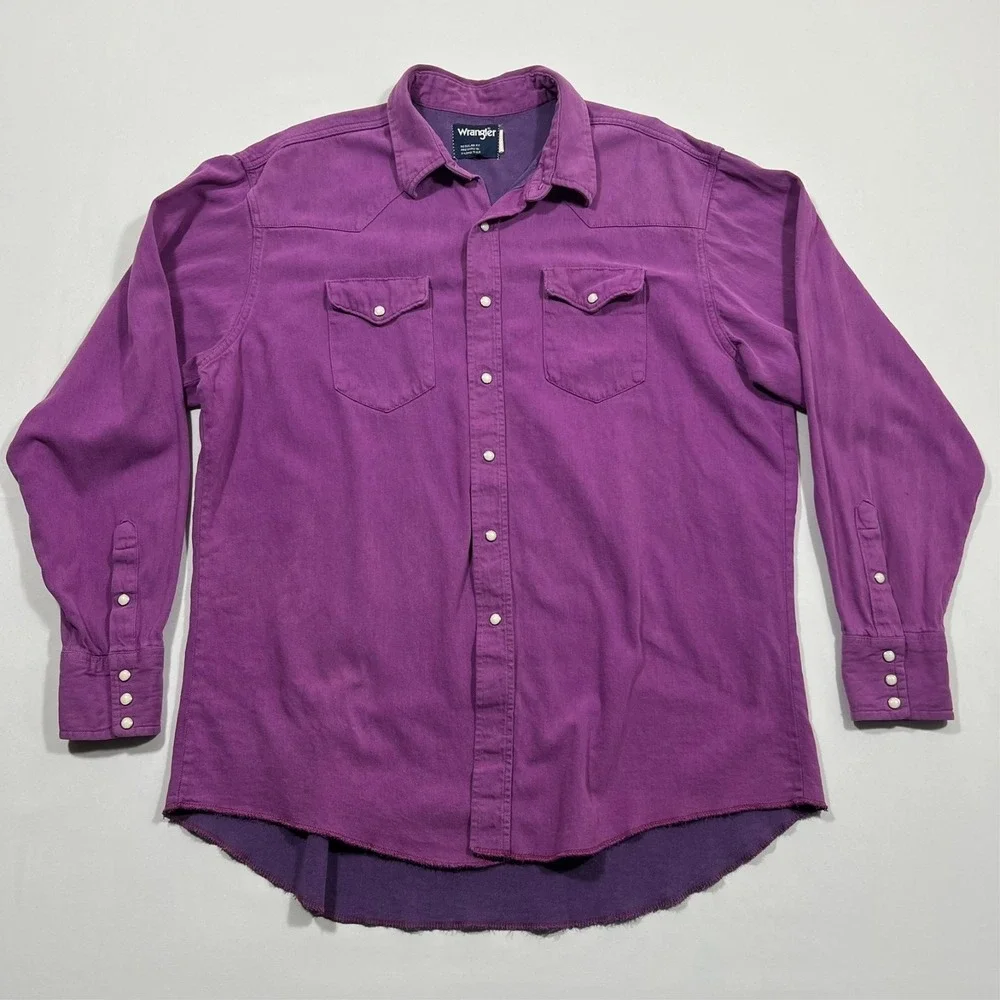 Vintage 90s Wrangler Western Pearl Snap Brushpopper X-Long Tails‎ Shirt XL READ
